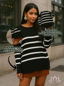 Women's Striped Sweater Knitwear Cold Weather Round Neck Long Sleeve Poncho Autumn/Winter Fashion Casual Stylish Knitwear - 裸體 - 查看 2