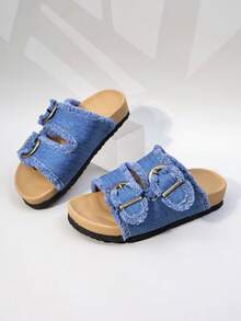 1双女童牛仔布毛边双扣拖鞋，复古休闲夏季装 - 藍色 - 查看 7