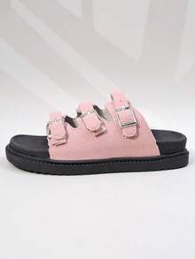 1 Pair Girls' Beige Suede Multi-Buckle Thick-Soled Non-Slip Slide Sandals For Everyday Casual Use - Pink - View 3