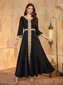 SUPGIR Women's V-Neck Straight Sleeve Chiffon Camisole Waist Design Elegant Slim Fit Evening Dress - Black - View 3