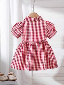 Vestido de manga corta con cuello redondo, estilo colegial, versátil y lindo para salidas de primavera/verano, con bordado y rayas para niñas bebé - Rojo - Ver 2