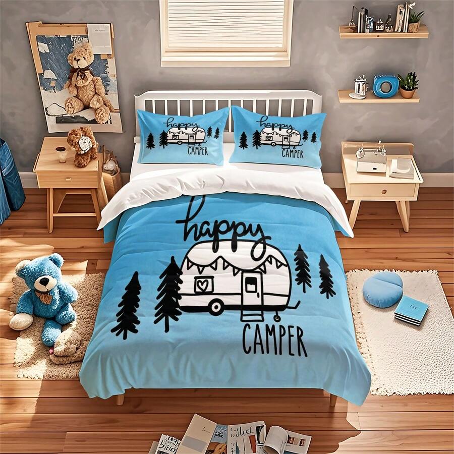 3pcs Blue Travel & Camping Map Print Duvet Cover Set, Soft & Breathable 100% Polyester Fabric, Machine Washable, Suitable For All Seasons, (1 Duvet Cover + 2 Pillow Shams, No Filling), Ideal For Bedroom And Guest Room Bedding Decor - Multicolor - View 1