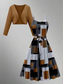 2pcs Women's Solid Color Long Sleeve Minimalist Jacket And Dress Set - Brown - View 2