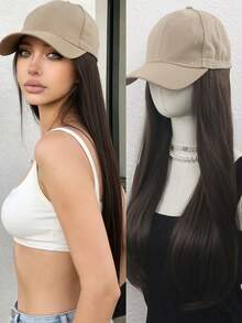 女士直发棒球帽假发，带长发接发，合成长直发假发帽，可调节棒球帽假发 - 彩色 - 查看 12