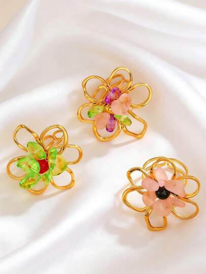 1枚不锈钢戒指，镶嵌彩色宝石，手工花卉设计，简约休闲优雅百搭，高品质礼物，适合送给朋友，适合女性日常、派对和活动佩戴。