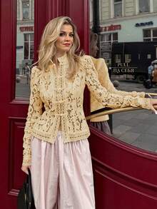 Spring/Autumn Women's Elegant White Floral Lace Blouse With Stand Collar, Fitted Design, Puff Sleeves, Lace Hollow-Out Button Details, Graceful Layering Top - Apricot - View 7