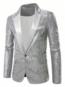 Plus Size Men's Sequin Blazer Jacket, Nightclub Style, Shiny Stage Performance Outfit, Suitable For Overweight Individuals - Silver - View 2