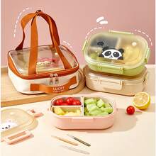 1000ML 3 Compartments Portable Plastic Lunch Box, Cute Patterned Fruit Salad Bento Box, Large Capacity Sealed Leak Proof Lunch Container, Detachable Divided Fruit Fresh-Keeping Box, Microwave Heatable, Suitable For Student And Adult Use In School, Office, Outdoor Camping, Picnic, Travel - Multicolor - View 2