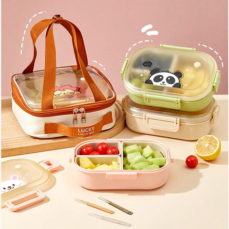 1000ML 3 Compartments Portable Plastic Lunch Box, Cute Patterned Fruit Salad Bento Box, Large Capacity Sealed Leak Proof Lunch Container, Detachable Divided Fruit Fresh-Keeping Box, Microwave Heatable, Suitable For Student And Adult Use In School, Office, Outdoor Camping, Picnic, Travel
