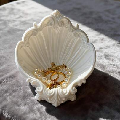 1pc 3D Printed White Shell Jewelry Tray | Vintage Elegant Design | Suitable For Storing Rings And Small Jewelry, Home Decor ,Room Decor