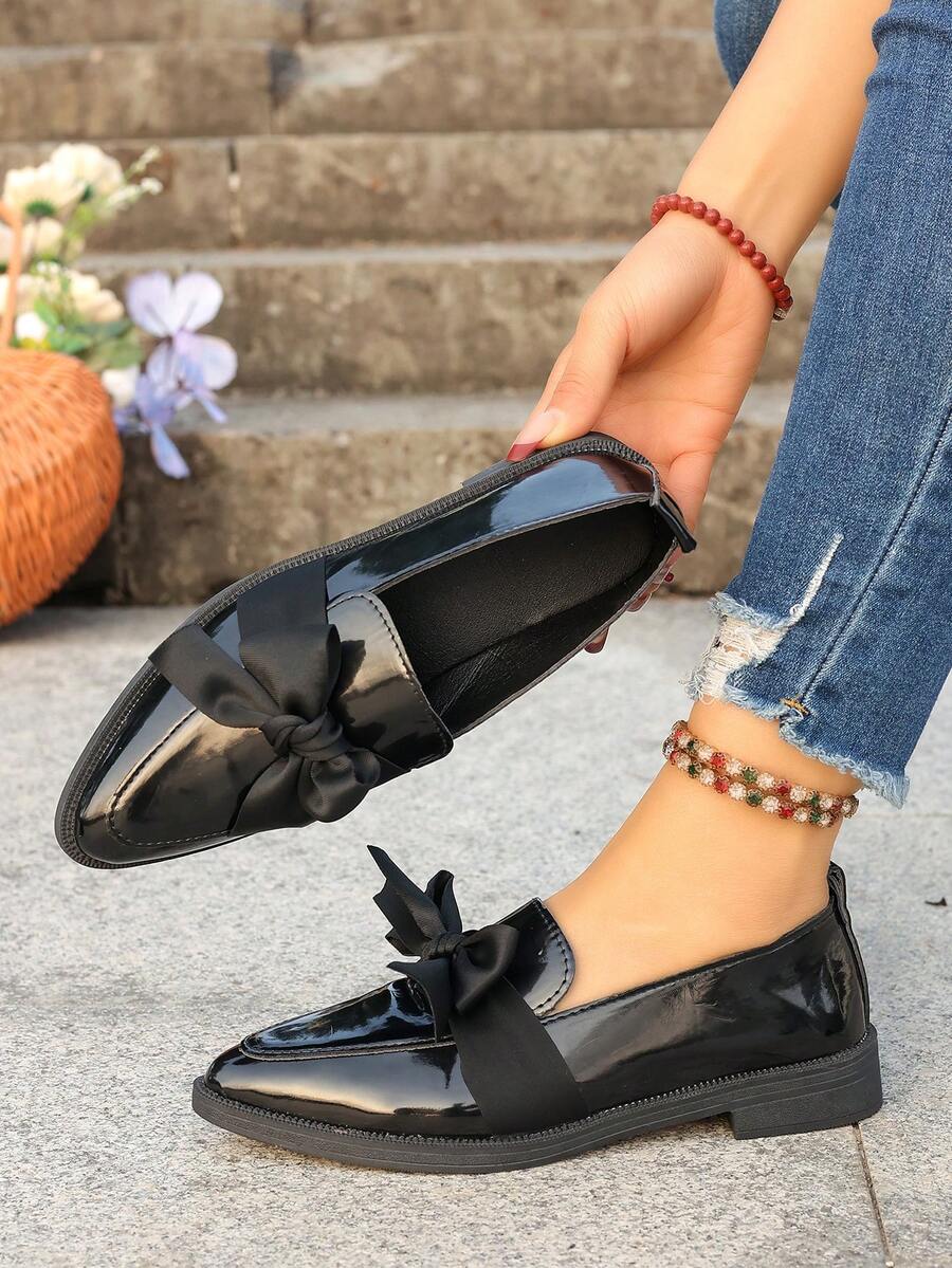 Preppy Style Ribbon Bow Patent Leather Pointed Toe Slip-On Shoes, Suitable For Office, Casual Wear, All Seasons - Black - View 1