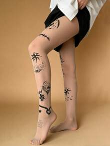 1双裸色透明虎剑印花性感前卫动物图案丝袜，日常穿着 - 彩色 - 查看 3