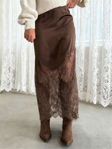 Women Satin Lace Trim Midi Skirt Polka Dot Print High Waist Long A-Line Skirts Vintage Silk Going Out Dress Y2k Streetwear Party Clubwear - 咖啡色 - 查看 2