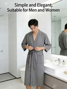 Halat de baie 100% bumbac, model waffle, stil kimono unisex pentru adulți, pijamale de primăvară/vară, utilizare hotel/spa, absorbant și uscare rapidă, croială lejeră, multicolor, articole esențiale pentru baie și casă - Multicolor - Vizualizare 10