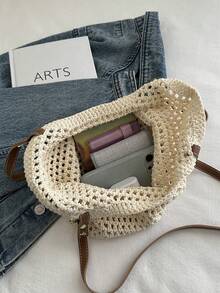 大容量休闲棉质单肩手提包，新款镂空网眼图案女士沙滩包 - 米色 - 查看 7