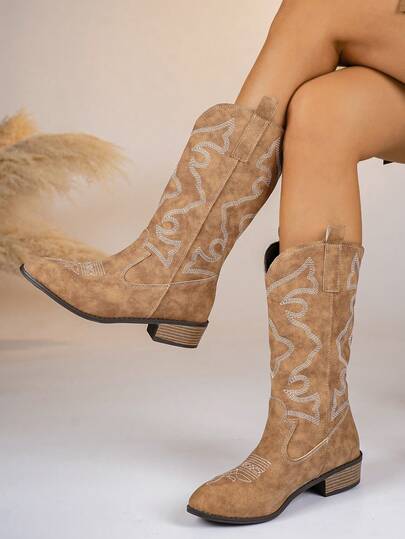 Women's New Vintage American Embroidered Leather Pointed Toe Cowboy Boots, Embroidered Cool Fashion High Boots, High Heel Chunky Heel Riding Boots, Fashionable Punk Style Chelsea Boots