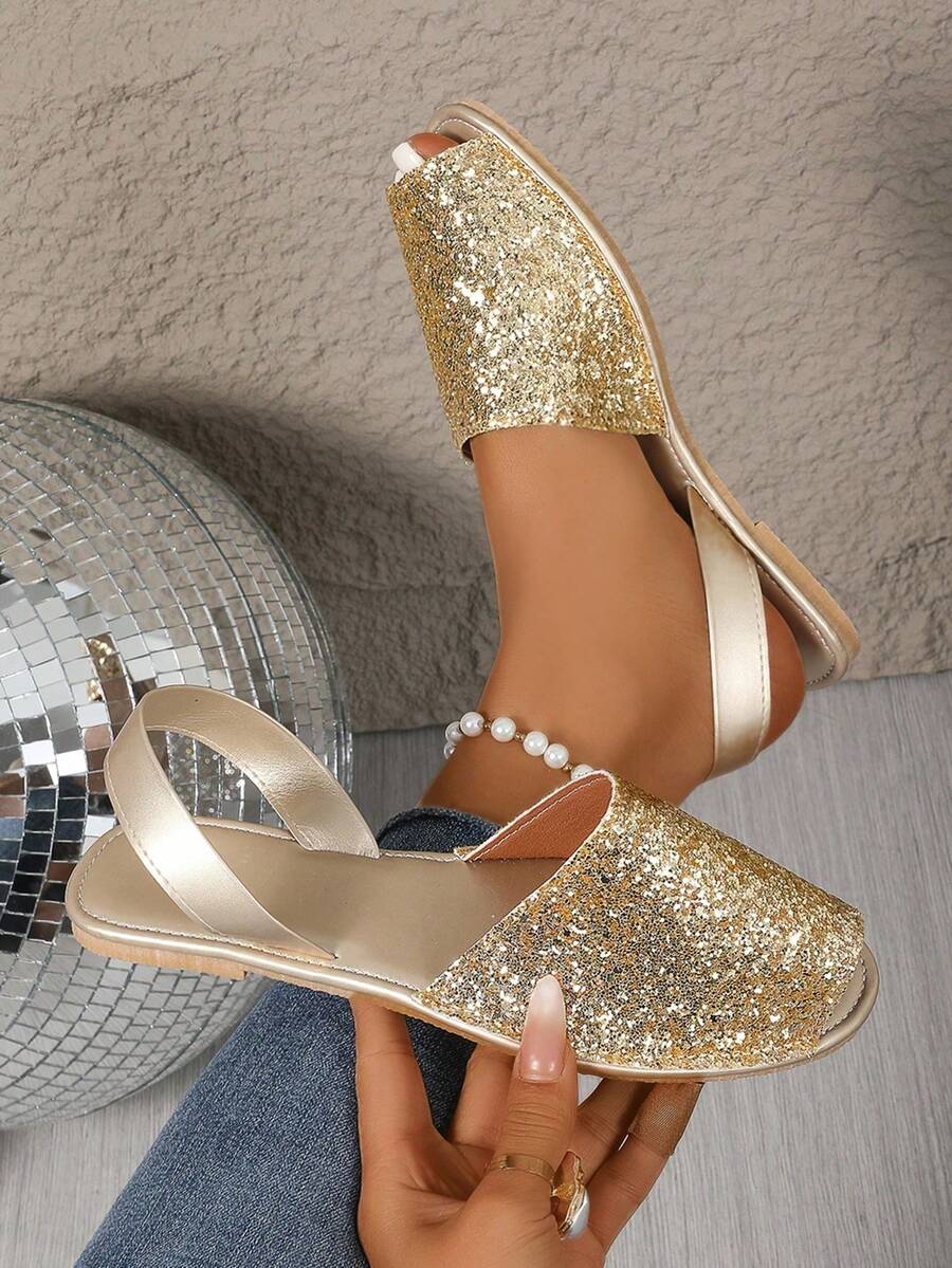 Plus Size Women's Summer Flat Buckle Strap Open Toe Casual Lightweight Non-Slip Sandals - Gold - View 1