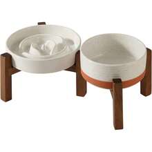 Ceramic Raised Slow Feeder Dog Bowl Set With Acacia Wood Stand - 2 x 香草白 + 支架 - A - 查看 10