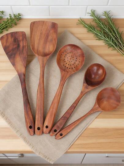 5pcs/Set Wooden Spoon, Spatula, Soup Spoon Kitchenware Set, No Special Odor, Corrosion & Heat Resistant, Multi-Functional Spatula & Spoon Series, Free Shipping