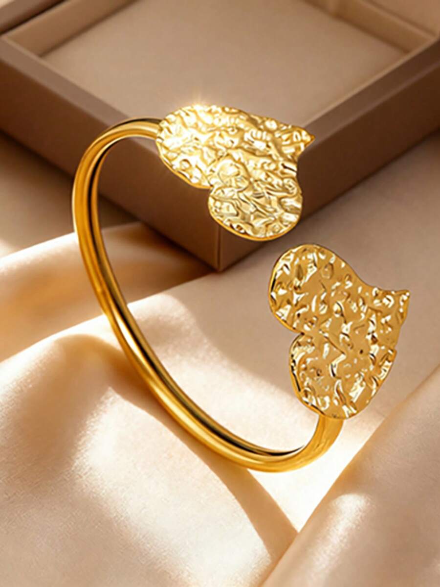 1pc Stainless Steel Heart, Plum Blossom, Sunflower Design Adjustable Open Bangle Bracelet For Women - Golden Heart - View 1