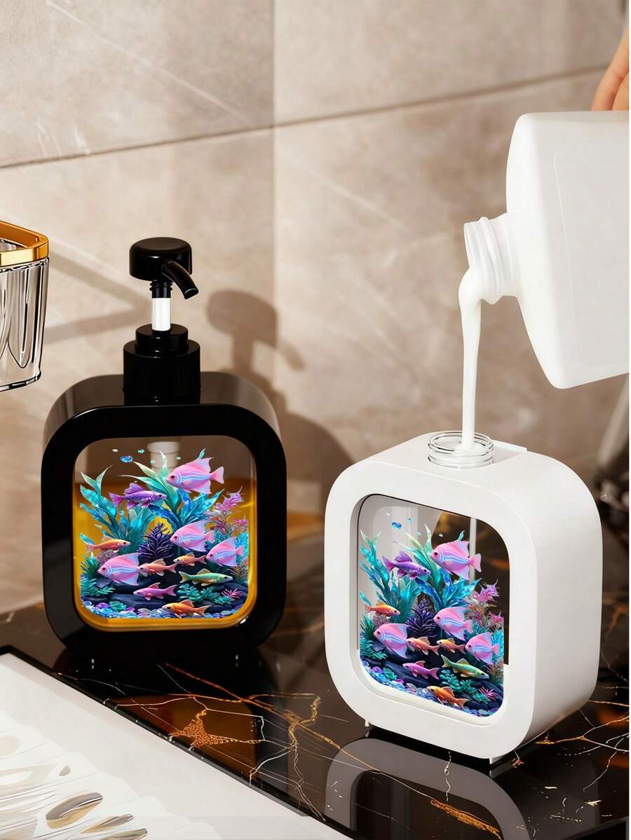 Creative Bathroom Dispenser Bottle With Manual Pump - Featuring Marine Life Art, With Manual Pump - Underwater World: Coral, Octopus And Starfish Adventure, Fresh Watercolor Style, Suitable For Bathroom, Kitchen And Sink Design Or Decor - Suitable For Dispensing Hand Soap, Hand Wash, Body Wash - Creative Lotion Bottle, Lotion Dispenser, Bathroom Accessories