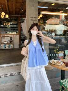 Áo không tay dáng rộng, đa năng, phong cách Hàn Quốc, ngọt ngào, thoải mái, thích hợp cho kỳ nghỉ. - Màu xanh lam - Xem 5