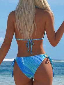 European And American Fashion Backless Bikini 2 Pieces Set Pink Gradient Colorful Print Swimsuit Summer Beach Essential - Blue - View 3