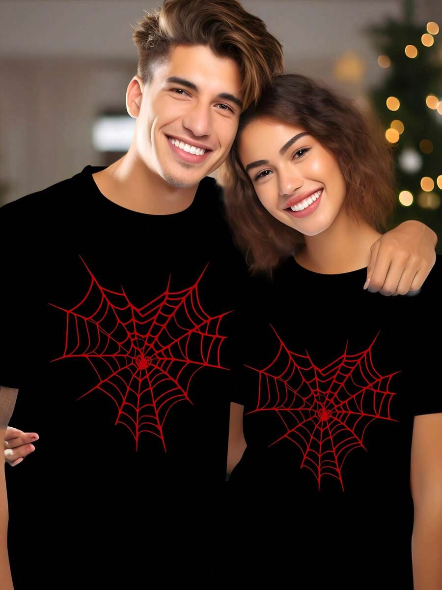 Camiseta unisex de una pieza con cuello redondo estampado, camiseta de manga corta, camiseta de pareja con estampado de corazón y araña para el Día de San Valentín, camiseta casual a la moda, adecuada para el verano, ideal como regalo. - 1 artículo para hombre - Ver 1