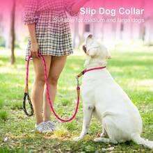 1 pieza Collar de perro reflectante de cuerda para entrenamiento, collar de cuerda redonda trenzada de nailon sin tirones con cierre rápido y tope ajustable para perros medianos y grandes - Rosa Roja - Ver 8