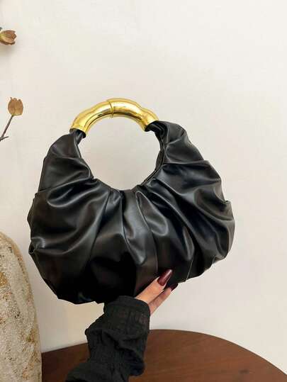 2026新款褶皱云朵金属环手提包，奢华托特包，金色圆环装饰手拿包，时尚百搭，适合晚宴和日常优雅穿着