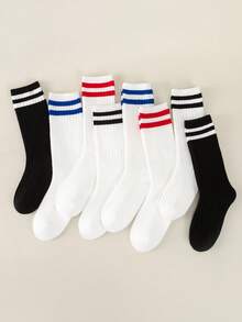 1/2/4 paia di calze a ciuffo per bambini, versatili per tutte le stagioni, a righe rosse e bianche, nere e bianche, blu e bianche, stile scolastico con parte superiore larga, adatte per uniformi e calze a ciuffo - Multicolore - Visualizzare 3