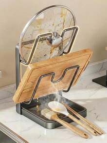 1 pieza Organizador de tapa de olla de cocina multifuncional, hecho de acero al carbono grueso, con bandeja de goteo extraíble y soporte para utensilios, diseño de ranuras en forma de U de 2 niveles para sostener diferentes tapas de ollas, espátulas y cucharas, solución de almacenamiento de cocina resistente a la oxidación y duradera - Multicolor - Ver 6