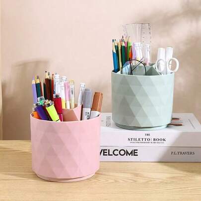 1pc Rotating Makeup Brush Holder, Round Makeup Organizer Box For Pencils, Lipsticks, Cosmetic Storage