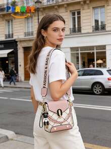 PLANEE Women's Crossbody Bag With Wide Letter Strap – Pink & Plaid Mini Shoulder Purse With Bear Charm, Chain & Fabric Dual Strap, Fashionable Small Handbag For Daily Use - Pink - View 5