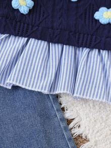 Girls Korean Style Striped Patchwork 2 In 1 Top And Wide Leg Jeans With 3D Floral Decor, 2pcs Set - Royal Blue - View 8