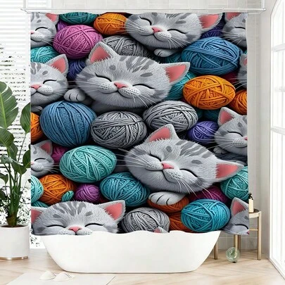 1件卡通猫咪浴帘，涤纶材质，防水，不遮光，适合家居和浴室装饰，配有12个挂钩