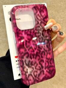 1pc Fashionable Lucky Red Leopard Glitter Icy Phone, Compatible With 17 16 15 14 13 12 Pro, Transparent Soft Silicone Back Cover With Girl Mirror Lens - 粉紅色豹紋 - 查看 2