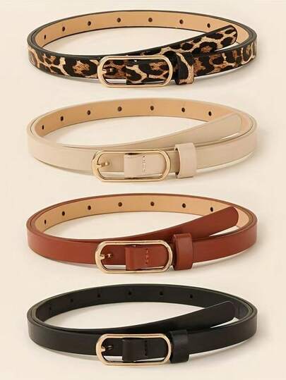 4/3pcs Set Women's Multicolor Leopard Print Buckle Skinny Waist Belt, Suitable For Dresses, Jeans, Shirts, Daily Wear