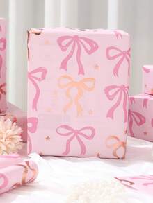 1/3/6 Rolls Pink Wrapping Paper, Cute Bow Design Gift Wrap, Double-Sided Plaid Pattern Suitable For Baby Shower, Birthday, Wedding - Multicolor - View 3