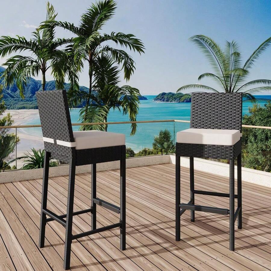 Durable Outdoor Wicker Counter Height Bar Stools With Cushions, Armless Rattan Chairs, Weather-Resistant Lightweight For Patio Poolside, Set Of 2 - White - View 1
