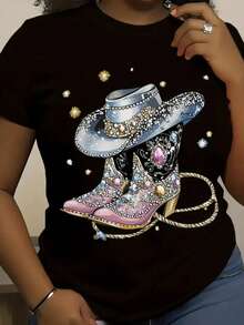 Women's Casual Printed T-Shirt 100% Cotton Model: Hat And Boots - Special Sophisticated Street Streetwear Premium Quality  Summer Fashion Store - màu đen - Xem 1