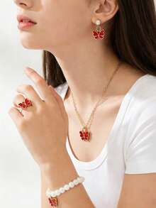 1 Set Fashionable & Sweet Butterfly Jewelry Set, Versatile For Daily Wear - Red - View 2