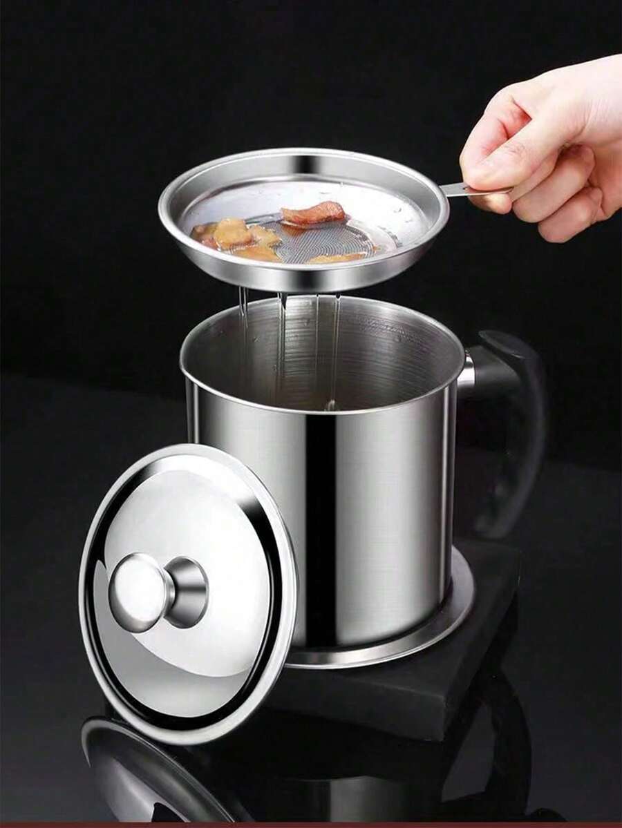 60.87 Oz Stainless Steel Oil Strainer Pot With Filter Net And Dust Cover, Reusable Large Diameter Oil Filter Container - View 1