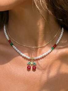 2件套水晶樱桃珍珠项链套装，适合女士海滩、约会、派对佩戴 - 彩色 - 查看 1