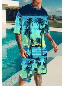 Ensemble de vacances hawaïennes 3D élégant pour hommes avec motif d'arbre de noix de coco, tenue décontractée en polyester imprimé, chemise à col rond à manches courtes et short, ensemble 2 pièces. - Couleurs mélangées - Voir 4