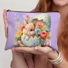 1个化妆包，兔子花帽复活节彩蛋图案，拉链封口，男女通用，多功能旅行收纳/日常使用，轻便可机洗，时尚洗漱包，情人节、婚礼、新年、生日礼物 - 彩色 - 查看 4