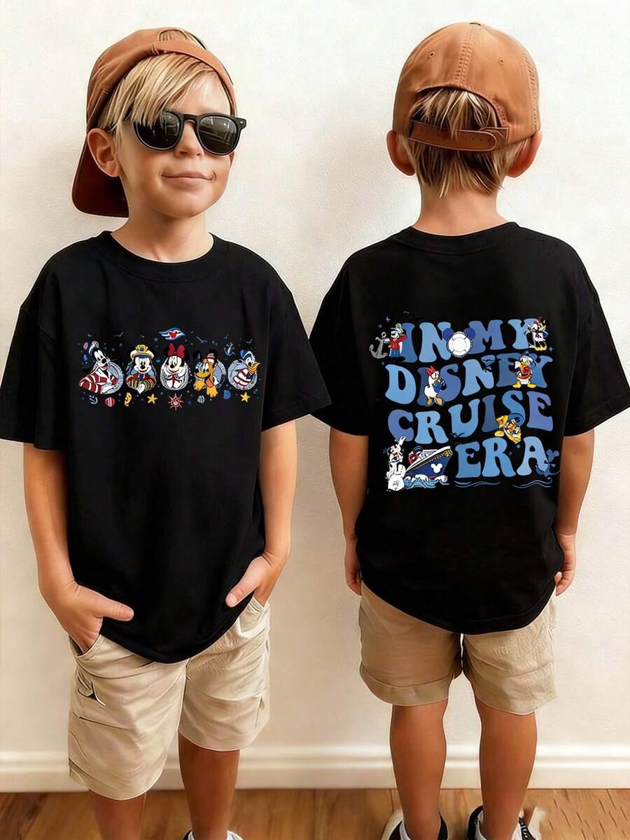 Disney Mouse, Maritime Element Cartoon Print, Casual And Simple Short Sleeved T-Shirt, Suitable For Spring And Summer Seasons, Suitable For Boys And Girls To Wear. Festival Gift - 黑色 - 查看 1