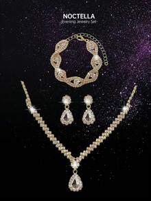 Noctella Shiny Striped Women's Evening Clutch Handbag, Fashionable New Solid Colour Envelope Party Bag, Paired With A Three Pieces Rhinestone Jewellery Set, Including Necklace, Earrings, And Bracelet, Suitable With Evening Dress, Party Dress, Or Wedding Dress, Perfect For Dinners, Balls, And Parties - Champagne - View 4