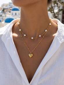 2件套心形珍珠项链，适合女士约会和派对佩戴 - 彩色 - 查看 2