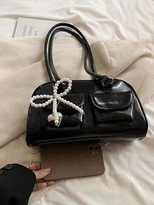 [US-Based Shipping]1pc Minimalist Retro Zipper Tote Bag, Black Patent Leather Pearl Bow Shoulder Bag For Women - Y2K Cute Mini Bowling Bag With Faux Pearl Bow Charm & Heart Pendant, Fashion Retro Handbag, Elegant Underarm Purse For Daily, Party, And Casual Outings,Decorated With Pockets, Dual Handles, Suitable For Women's Casual Commute, Streetwear And Japanese Style , Y2k - 黑色 - 查看 9